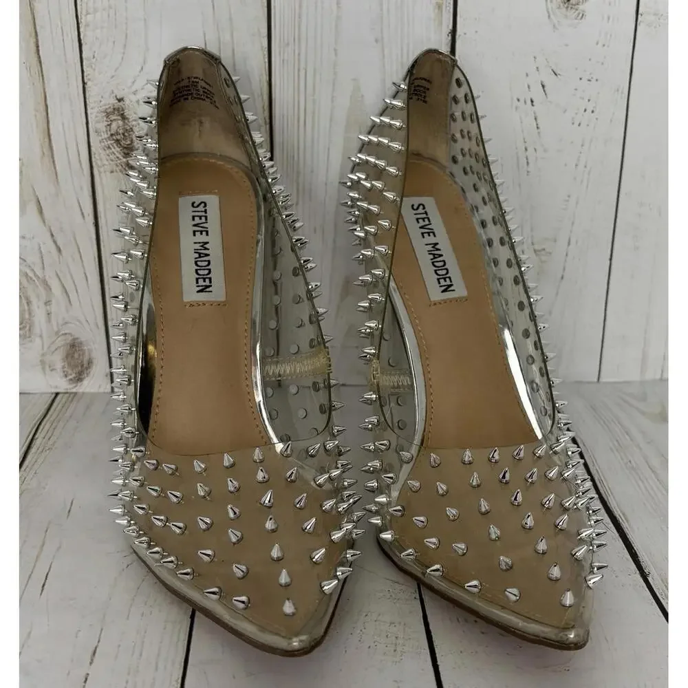 Steve Madden Vala Stud Clear Pumps Silver Spikes Punk Goth Size 7.5 - Picture 2 of 8